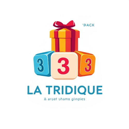 AI Design for Create a logo that contains 3 dices of similar colors with the number 3 3 and 3 plus a GIFT PACK on the top for a community called "LA TRIBU LUDIQUE" which aims to unite and bring together creators of board games in order to positively change the world on its scale.
