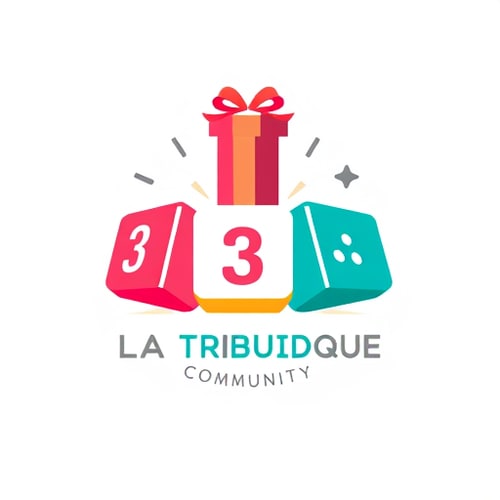 AI Design for Create a logo that contains 3 dices of similar colors with the number 3 3 and 3 plus a GIFT PACK on the top for a community called "LA TRIBU LUDIQUE" which aims to unite and bring together creators of board games in order to positively change the world on its scale.
