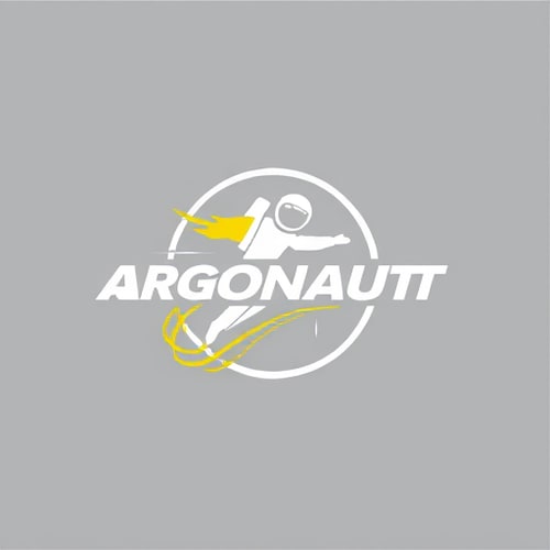 AI Design for expand ideas, use a gray background with white and yellow lines for logo. You can use the image of a comic argonaut or astronaut to make reference to the company name. Suggest ideas for posing of the logo to demonstrate moving forward and leading