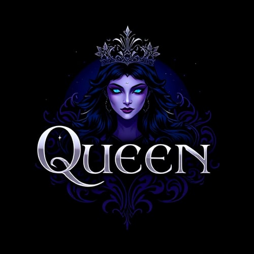 AI Design for Character logo for a mythical queen of the night: a regal, dark-haired woman with glowing eyes and a starry crown, deep blues, purples, and silver, elegant serif font. Design with an Art Nouveau influence and a mystical, ethereal style direction, featuring intricate linework and subtle glow effects, on a dark, star-filled background.