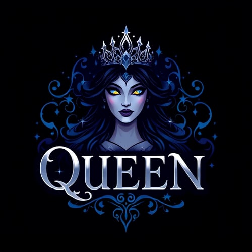 AI Design for Character logo for a mythical queen of the night: a regal, dark-haired woman with glowing eyes and a starry crown, deep blues, purples, and silver, elegant serif font. Design with an Art Nouveau influence and a mystical, ethereal style direction, featuring intricate linework and subtle glow effects, on a dark, star-filled background.
