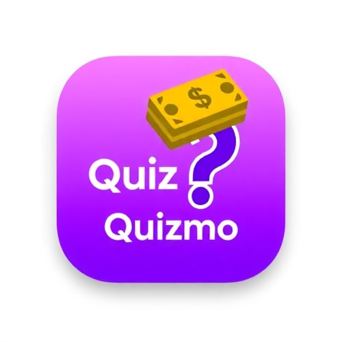 AI Design for Design an app icon for a trivia game called Quizmo. The app focuses on knowledge-based challenges where users compete for points and climb a leaderboard, with the top player at the end of each sprint winning a real cash prize. The icon should prominently feature the word ‘Quizmo’ in the Clash Grotesk typeface, styled in a bold and modern way. Use a vibrant purple color palette with gradients, complemented by gold or yellow accents to symbolize the cash rewards. Incorporate subtle yet impactful elements such as a dollar sign, or cash stack integrated creatively with a question mark. The design should feel fun, competitive, and reward-driven, with a clean and minimalist aesthetic icon design