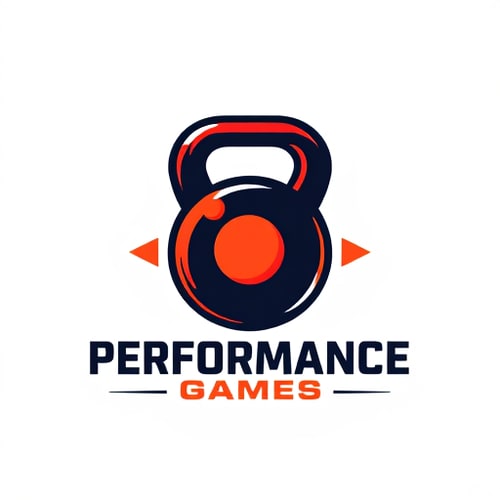 AI Design for I'm looking to design a modern logo for my Cross Fit shop. The theme should be strong and impactful with vibrant tones. Please include a custom kettlebell icon and a clean sans-serif font for the text.name is Performance Games.