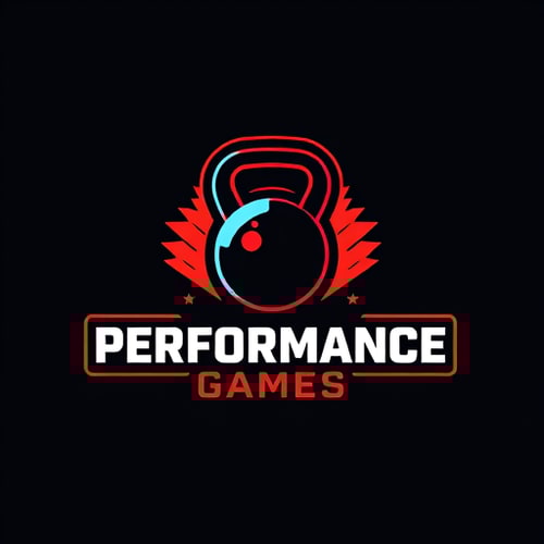 AI Design for I'm looking to design a modern logo for my Cross Fit shop. The theme should be strong and impactful with vibrant tones. Please include a custom kettlebell icon and a clean sans-serif font for the text.name is Performance Games.