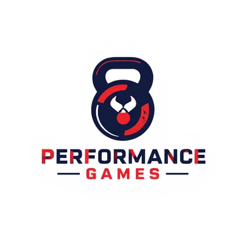 AI Design for I'm looking to design a modern logo for my Cross Fit shop. The theme should be strong and impactful with vibrant tones. Please include a custom kettlebell icon and a clean sans-serif font for the text.name is Performance Games.