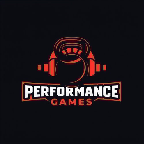 AI Design for I'm looking to design a modern logo for my Cross Fit shop. The theme should be strong and impactful with vibrant tones. Please include a custom kettlebell icon and a clean sans-serif font for the text.name is Performance Games.