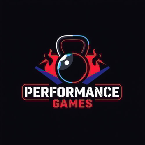 AI Design for I'm looking to design a modern logo for my Cross Fit shop. The theme should be strong and impactful with vibrant tones. Please include a custom kettlebell icon and a clean sans-serif font for the text.name is Performance Games.
