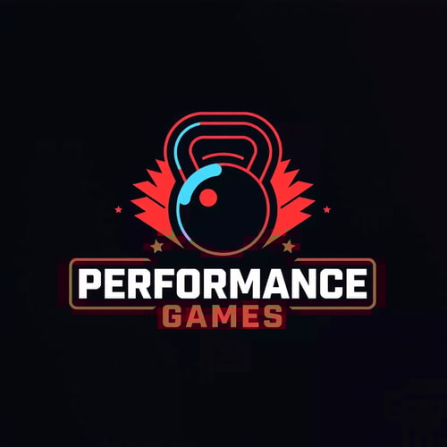 AI Design for I'm looking to design a modern logo for my Cross Fit shop. The theme should be strong and impactful with vibrant tones. Please include a custom kettlebell icon and a clean sans-serif font for the text.name is Performance Games.