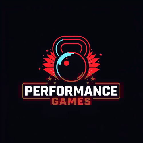 AI Design for I'm looking to design a modern logo for my Cross Fit shop. The theme should be strong and impactful with vibrant tones. Please include a custom kettlebell icon and a clean sans-serif font for the text.name is Performance Games.