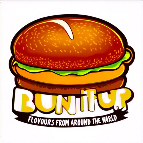 AI Design for logo for a cafe named BUN IT UP with bun and fillings inside with text like mc donalds and tagline flovours from around the world