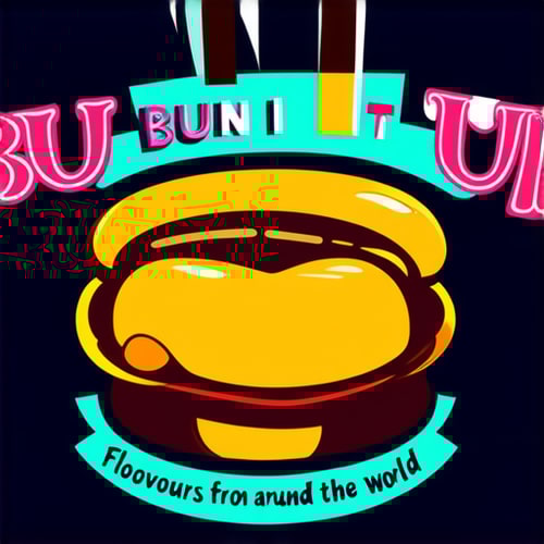 AI Design for logo for a cafe named BUN IT UP with bun and fillings inside with text like mc donalds and tagline flovours from around the world