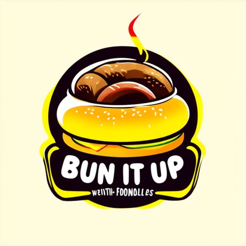 AI Design for logo for a cafe named BUN IT UP with bun and fillings inside with text like mc donalds and tagline flovours from around the world