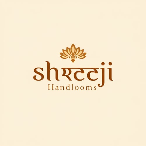 AI Design for culturally rooted logo for Shreeji Handlooms (श्रीजी हैंडलूम) that blends Indian tradition with modern minimalism. The design should feature elegant Devanagari typography with a woven or handcrafted feel, and a subtle motif—either a spindle/thread symbolizing craftsmanship or a peacock feather symbolizing divinity and grace. The color palette should include brown, gold, and red tones to convey warmth, artistry, and premium quality.