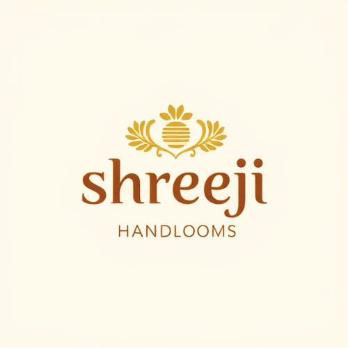 AI Design for culturally rooted logo for Shreeji Handlooms (श्रीजी हैंडलूम) that blends Indian tradition with modern minimalism. The design should feature elegant Devanagari typography with a woven or handcrafted feel, and a subtle motif—either a spindle/thread symbolizing craftsmanship or a peacock feather symbolizing divinity and grace. The color palette should include brown, gold, and red tones to convey warmth, artistry, and premium quality.