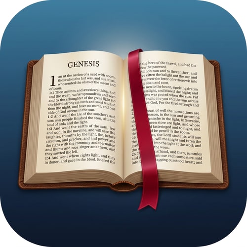 AI Design for an app icon for a bible study app, the icon should feature an open book with a book mark going from the top of the page to the buttom