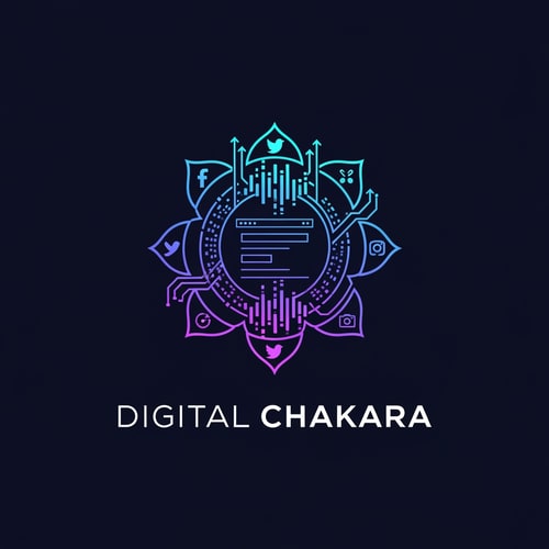 AI Design for Create a beautiful, modern, and professional logo for a digital marketing and social media company named “Digital Chakara”. The logo should include a futuristic chakra symbol combined with digital elements like social media icons, website grids, pixels, data waves, and growth lines. The chakra should look dynamic, energetic, and tech-focused. Use modern gradient colors like electric blue, neon purple, cyan, and dark navy background. The style should be minimal, clean, elegant, and startup-friendly. Include stylish modern typography. High-quality vector logo, suitable for Instagram, website, business cards, and branding.