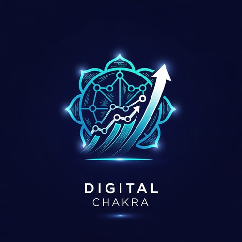 AI Design for Design a modern logo for “Digital Chakara”. The logo should show a digital chakra wheel transforming into a growth arrow and data chart. Include technology symbols like network nodes, coding lines, and digital patterns. Use dark blue, cyan, and gradient glowing effects. The style should be bold, startup, and futuristic. Clean vector logo, minimal but powerful.