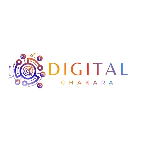 AI Design for Modify this logo for ‘Digital Chakara’. Enhance the circle icon by adding minimal digital marketing elements such as social media network nodes, small abstract icons representing Instagram, Facebook, advertising, and website development. Include subtle symbols like code brackets, growth arrows, and data connections inside the circle. Keep the design clean, modern, and minimal. Do not overcrowd the logo. Use the same gradient color style and futuristic look. The final design should look premium, innovative, and scalable for global branding.