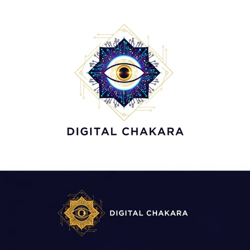AI Design for Create a modern, futuristic, minimal logo for a digital marketing and technology company named ‘Digital Chakara’. The design should combine a tech chakra symbol with digital elements like circuits, pixels, and glowing lines. Use a sleek, premium, and innovative style. Color palette: deep purple, neon blue, and gold. Clean typography, modern sans-serif font. Flat design, professional, scalable, high contrast, white and dark background versions.
