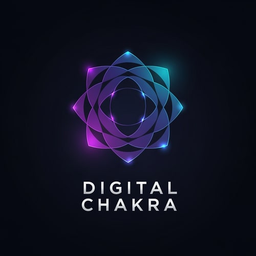 AI Design for Create a sleek and luxury modern logo for “Digital Chakara”. The logo should feature a minimal digital chakra symbol with abstract tech patterns, smooth gradients, and glowing effects. Use dark mode colors with neon blue, purple, and cyan highlights. Elegant typography, simple, strong, and memorable. Suitable for global digital agency.