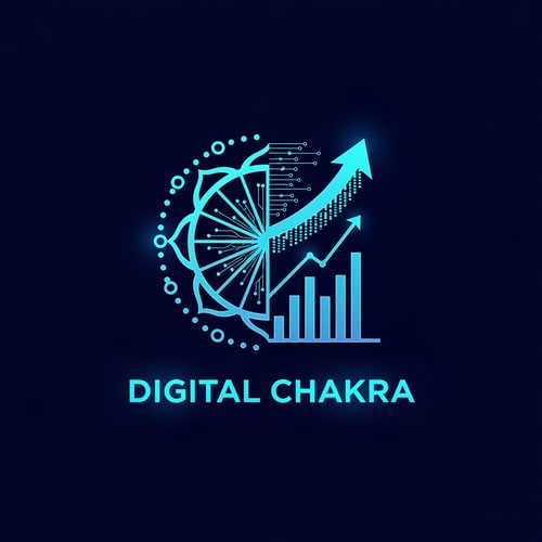 AI Design for Design a modern logo for “Digital Chakara”. The logo should show a digital chakra wheel transforming into a growth arrow and data chart. Include technology symbols like network nodes, coding lines, and digital patterns. Use dark blue, cyan, and gradient glowing effects. The style should be bold, startup, and futuristic. Clean vector logo, minimal but powerful.