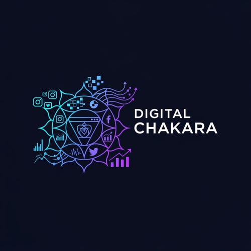 AI Design for Create a beautiful, modern, and professional logo for a digital marketing and social media company named “Digital Chakara”. The logo should include a futuristic chakra symbol combined with digital elements like social media icons, website grids, pixels, data waves, and growth lines. The chakra should look dynamic, energetic, and tech-focused. Use modern gradient colors like electric blue, neon purple, cyan, and dark navy background. The style should be minimal, clean, elegant, and startup-friendly. Include stylish modern typography. High-quality vector logo, suitable for Instagram, website, business cards, and branding.