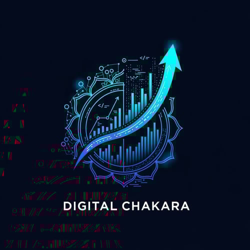 AI Design for Design a modern logo for “Digital Chakara”. The logo should show a digital chakra wheel transforming into a growth arrow and data chart. Include technology symbols like network nodes, coding lines, and digital patterns. Use dark blue, cyan, and gradient glowing effects. The style should be bold, startup, and futuristic. Clean vector logo, minimal but powerful.