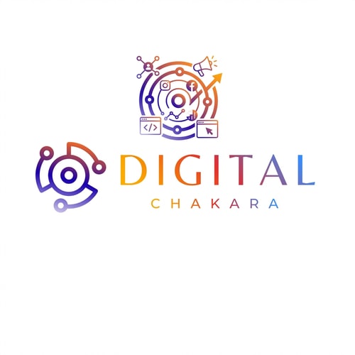 AI Design for Modify this logo for ‘Digital Chakara’. Enhance the circle icon by adding minimal digital marketing elements such as social media network nodes, small abstract icons representing Instagram, Facebook, advertising, and website development. Include subtle symbols like code brackets, growth arrows, and data connections inside the circle. Keep the design clean, modern, and minimal. Do not overcrowd the logo. Use the same gradient color style and futuristic look. The final design should look premium, innovative, and scalable for global branding.