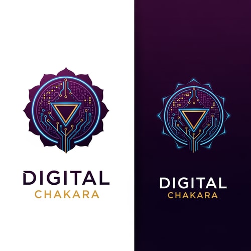 AI Design for Create a modern, futuristic, minimal logo for a digital marketing and technology company named ‘Digital Chakara’. The design should combine a tech chakra symbol with digital elements like circuits, pixels, and glowing lines. Use a sleek, premium, and innovative style. Color palette: deep purple, neon blue, and gold. Clean typography, modern sans-serif font. Flat design, professional, scalable, high contrast, white and dark background versions.