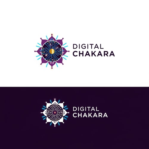 AI Design for Create a modern, futuristic, minimal logo for a digital marketing and technology company named ‘Digital Chakara’. The design should combine a tech chakra symbol with digital elements like circuits, pixels, and glowing lines. Use a sleek, premium, and innovative style. Color palette: deep purple, neon blue, and gold. Clean typography, modern sans-serif font. Flat design, professional, scalable, high contrast, white and dark background versions.