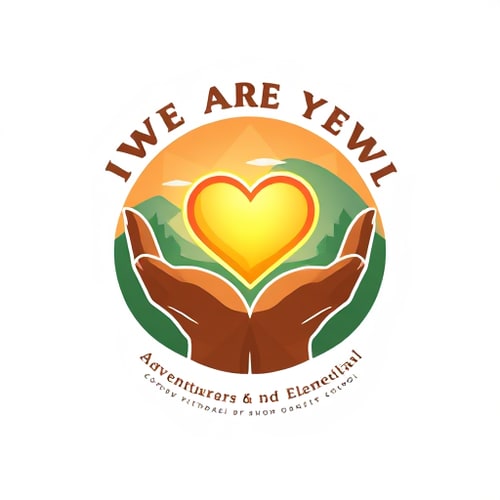 AI Design for logo design based on the theme "We Are His Hands," featuring hands holding a glowing heart against a scenic outdoor background. with adventurer and pathfinder logo please put kadingilan sda elementary school Date: January 22-25, 2024