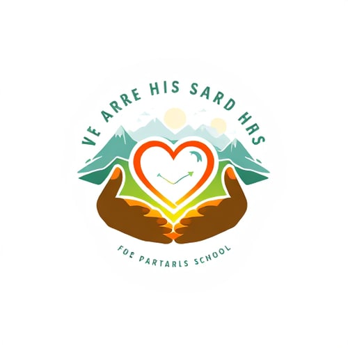 AI Design for logo design based on the theme "We Are His Hands," featuring hands holding a glowing heart against a scenic outdoor background. with adventurer and pathfinder logo please put kadingilan sda elementary school Date: January 22-25, 2024