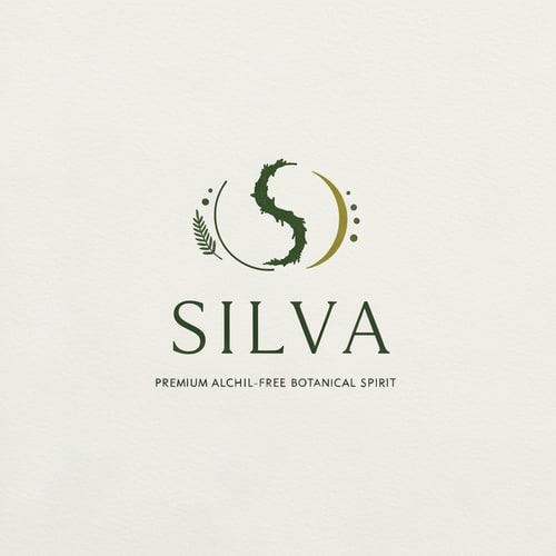AI Design for "SILVA" premium alcohol-free botanical spirit logo, inspired by mossy woodland air and mindful stillness. Minimal sacred forest symbolism — a flowing organic S like a moss strand, paired with a crescent citrus arc and subtle fern dots. Soft breathing-line rhythm, forest mist energy. Elegant thin serif typography, refined contrast, high-end editorial luxury like Aesop + Le Labo + Maison Margiela. Quiet, grounded, contemplative tone, no literal trees, no loud nature clichés. Monoline, natural curves, gentle negative space, misty calm. Forest green, fog grey, muted citrus accents. Embossed texture, subtle grain. Ultra-minimal, poetic, new luxury nature aesthetic. Branding mark, emblem + wordmark, high resolution, vector clean, no gradients, no cartoon style.