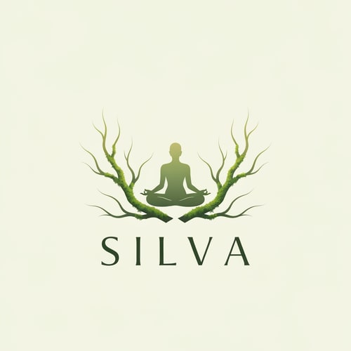 AI Design for A balanced, symmetrical emblem inspired by sacred forest energy — minimal linework forming intertwined moss-covered branches and a subtle meditative human silhouette at the center, soft gradients like morning woodland light, modern refined luxury style, calm natural elegance — brand name “SILVA” in elegant serif, spacing wide and airy, composition balanced like Zen symbol, premium botanical wellness feel, cinematic mood, moss green + muted earth tones.