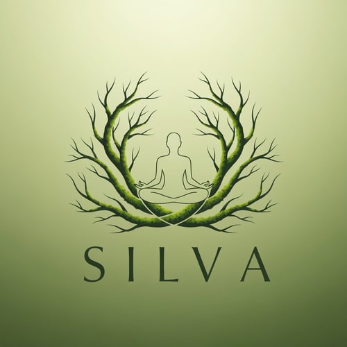 AI Design for A balanced, symmetrical emblem inspired by sacred forest energy — minimal linework forming intertwined moss-covered branches and a subtle meditative human silhouette at the center, soft gradients like morning woodland light, modern refined luxury style, calm natural elegance — brand name “SILVA” in elegant serif, spacing wide and airy, composition balanced like Zen symbol, premium botanical wellness feel, cinematic mood, moss green + muted earth tones.