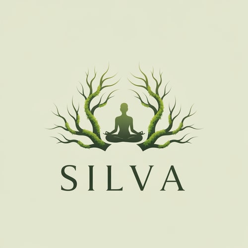 AI Design for A balanced, symmetrical emblem inspired by sacred forest energy — minimal linework forming intertwined moss-covered branches and a subtle meditative human silhouette at the center, soft gradients like morning woodland light, modern refined luxury style, calm natural elegance — brand name “SILVA” in elegant serif, spacing wide and airy, composition balanced like Zen symbol, premium botanical wellness feel, cinematic mood, moss green + muted earth tones.