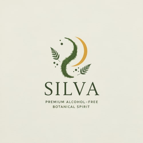 AI Design for "SILVA" premium alcohol-free botanical spirit logo, inspired by mossy woodland air and mindful stillness. Minimal sacred forest symbolism — a flowing organic S like a moss strand, paired with a crescent citrus arc and subtle fern dots. Soft breathing-line rhythm, forest mist energy. Elegant thin serif typography, refined contrast, high-end editorial luxury like Aesop + Le Labo + Maison Margiela. Quiet, grounded, contemplative tone, no literal trees, no loud nature clichés. Monoline, natural curves, gentle negative space, misty calm. Forest green, fog grey, muted citrus accents. Embossed texture, subtle grain. Ultra-minimal, poetic, new luxury nature aesthetic. Branding mark, emblem + wordmark, high resolution, vector clean, no gradients, no cartoon style.