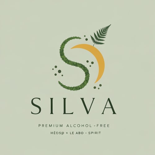 AI Design for "SILVA" premium alcohol-free botanical spirit logo, inspired by mossy woodland air and mindful stillness. Minimal sacred forest symbolism — a flowing organic S like a moss strand, paired with a crescent citrus arc and subtle fern dots. Soft breathing-line rhythm, forest mist energy. Elegant thin serif typography, refined contrast, high-end editorial luxury like Aesop + Le Labo + Maison Margiela. Quiet, grounded, contemplative tone, no literal trees, no loud nature clichés. Monoline, natural curves, gentle negative space, misty calm. Forest green, fog grey, muted citrus accents. Embossed texture, subtle grain. Ultra-minimal, poetic, new luxury nature aesthetic. Branding mark, emblem + wordmark, high resolution, vector clean, no gradients, no cartoon style.