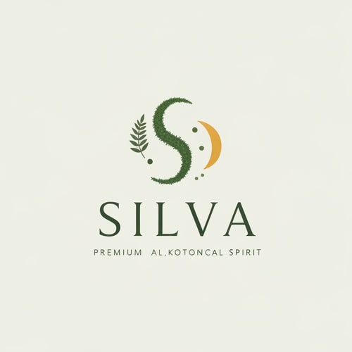 AI Design for "SILVA" premium alcohol-free botanical spirit logo, inspired by mossy woodland air and mindful stillness. Minimal sacred forest symbolism — a flowing organic S like a moss strand, paired with a crescent citrus arc and subtle fern dots. Soft breathing-line rhythm, forest mist energy. Elegant thin serif typography, refined contrast, high-end editorial luxury like Aesop + Le Labo + Maison Margiela. Quiet, grounded, contemplative tone, no literal trees, no loud nature clichés. Monoline, natural curves, gentle negative space, misty calm. Forest green, fog grey, muted citrus accents. Embossed texture, subtle grain. Ultra-minimal, poetic, new luxury nature aesthetic. Branding mark, emblem + wordmark, high resolution, vector clean, no gradients, no cartoon style.
