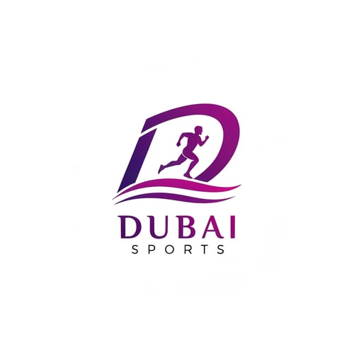 AI Design for Elegant logo for "Dubai Sports", vector illustration, abstract. The design features a sophisticated, ascending arc that stylistically represents the letter 'D' and a running track. A minimalist figure of an athlete is integrated into the arc, running upwards along its path. Subtle, wave-like horizontal lines form the base of the arc. The color palette is a sophisticated gradient from royal purple to magenta. The text 'DUBAI SPORTS' is in a sleek, modern font with elegant calligraphic influences. Premium, luxurious feel, isolated on a white background.