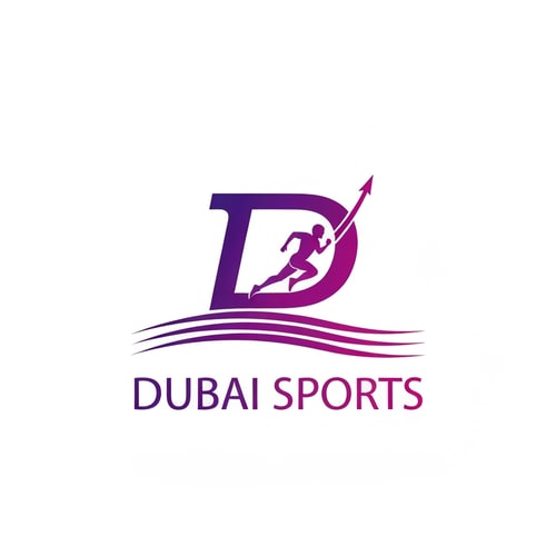 AI Design for Elegant logo for "Dubai Sports", vector illustration, abstract. The design features a sophisticated, ascending arc that stylistically represents the letter 'D' and a running track. A minimalist figure of an athlete is integrated into the arc, running upwards along its path. Subtle, wave-like horizontal lines form the base of the arc. The color palette is a sophisticated gradient from royal purple to magenta. The text 'DUBAI SPORTS' is in a sleek, modern font with elegant calligraphic influences. Premium, luxurious feel, isolated on a white background.