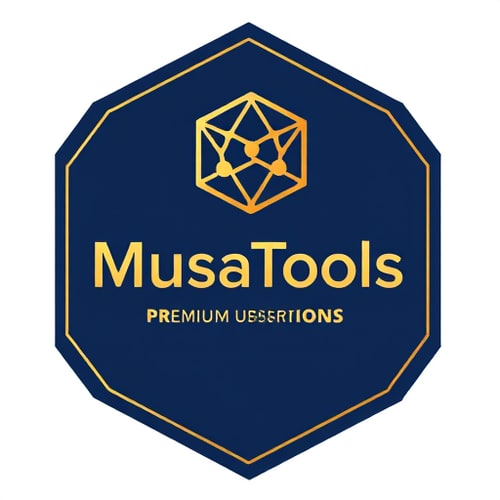 AI Design for A premium, high-resolution logo inside a clean hexagon outline. The brand name MusaTools in bold, modern typography with a deep navy blue to gold gradient. Above the text, a futuristic abstract hexagon network icon with golden highlights. Below the name, the tagline Premium Subscriptions in elegant gold font. The design should feel luxurious, professional, and attractive for business buyers