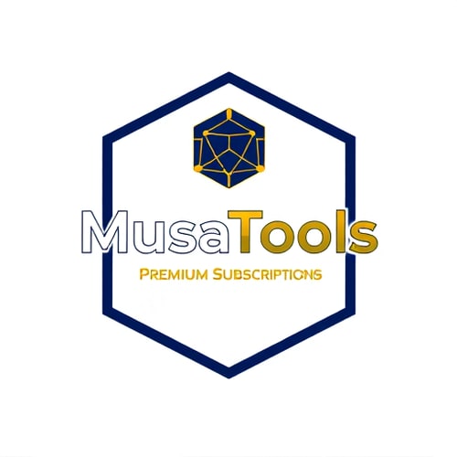 AI Design for A premium, high-resolution logo inside a clean hexagon outline. The brand name MusaTools in bold, modern typography with a deep navy blue to gold gradient. Above the text, a futuristic abstract hexagon network icon with golden highlights. Below the name, the tagline Premium Subscriptions in elegant gold font. The design should feel luxurious, professional, and attractive for business buyers