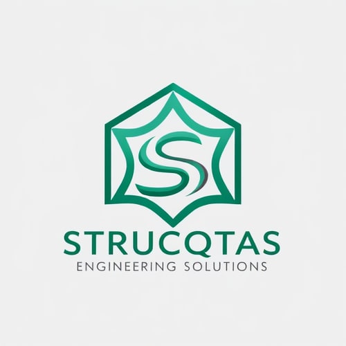 AI Design for Emblem logo for a structural design firm named "STRUCQTAS Engineering Solutions": A 5 point pentagon housing a stylized, curvy 'S' within its center, Emerald green and steel grey, bold sans-serif typography for the company name. Design inspired by modern architecture and precision engineering, featuring clean lines and subtle metallic textures, set against a solid steel grey background.
