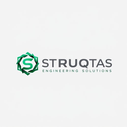 AI Design for Emblem logo for a structural design firm named "STRUCQTAS Engineering Solutions": A 5 point pentagon housing a stylized, curvy 'S' within its center, Emerald green and steel grey, bold sans-serif typography for the company name. Design inspired by modern architecture and precision engineering, featuring clean lines and subtle metallic textures, set against a solid steel grey background.