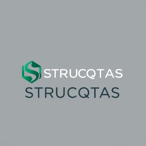 AI Design for Emblem logo for a structural design firm named "STRUCQTAS Engineering Solutions": A pentagon housing a stylized, curvy 'S' within its center, Emerald green and steel grey, bold sans-serif typography for the company name. Design inspired by modern architecture and precision engineering, featuring clean lines and subtle metallic textures, set against a solid steel grey background.