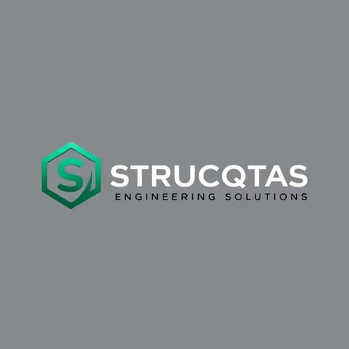AI Design for Emblem logo for a structural design firm named "STRUCQTAS Engineering Solutions": A pentagon housing a stylized, curvy 'S' within its center, Emerald green and steel grey, bold sans-serif typography for the company name. Design inspired by modern architecture and precision engineering, featuring clean lines and subtle metallic textures, set against a solid steel grey background.