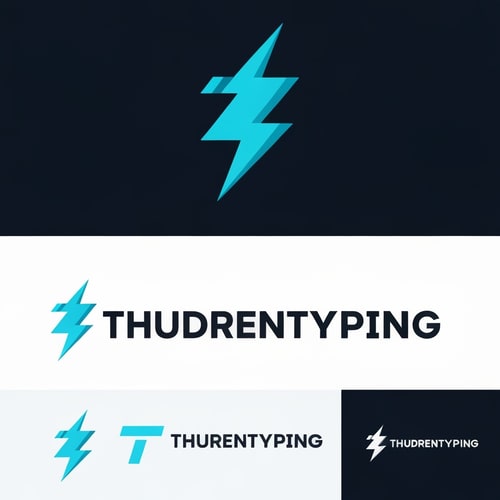 AI Design for Minimalist ultra-futuristic logo for "thundertyping". Single, bold lightning-bolt + subtle "T" monogram integration. Clean geometric shapes, negative space, sharp angles, high contrast, single-color primary (electric cyan) with optional dark/white variants. Very simplified lines so it vectorizes easily — no photo textures, no gradients that break into noise, focus on flat shapes and crisp outlines. Provide icon-only, stacked wordmark, and horizontal wordmark variations on transparent background. Output high resolution PNGs with transparent background.