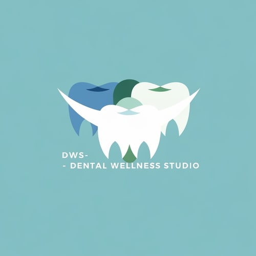 AI Design for Minimalist for a dental wellness studio named "DWS- Dental Wellness Studio": Clean geometric shapes representing teeth or smiles, soft blues, greens, and whites, sans-serif typography. Design inspired by modern healthcare and nature, focusing on precision and tranquility, solid background.