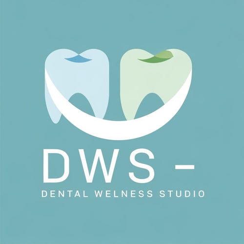 AI Design for Minimalist for a dental wellness studio named "DWS- Dental Wellness Studio": Clean geometric shapes representing teeth or smiles, soft blues, greens, and whites, sans-serif typography. Design inspired by modern healthcare and nature, focusing on precision and tranquility, solid background.